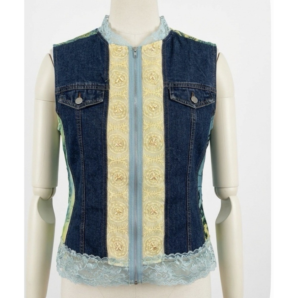 Piano Denim Vest XL Lace Trim Embroidered Beaded Paisley Boho Y2K Mixed Media